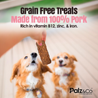 Two dogs eagerly waiting for a grain-free pork treat with promotional text and Palz&Co branding.