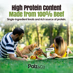 Man and woman with a dog on a picnic blanket, holding a Palz & Co product, with text about high protein content.