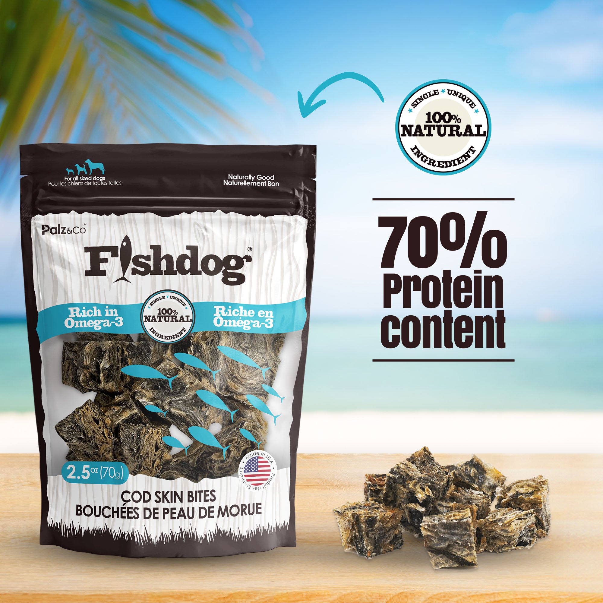 Fishdog cod skin bites packaging with protein content text on a beach background