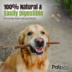 Dog holding a treat in its mouth with promotional text about natural and easily digestible treats.