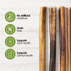 Dog chew sticks with health benefits text on a white background