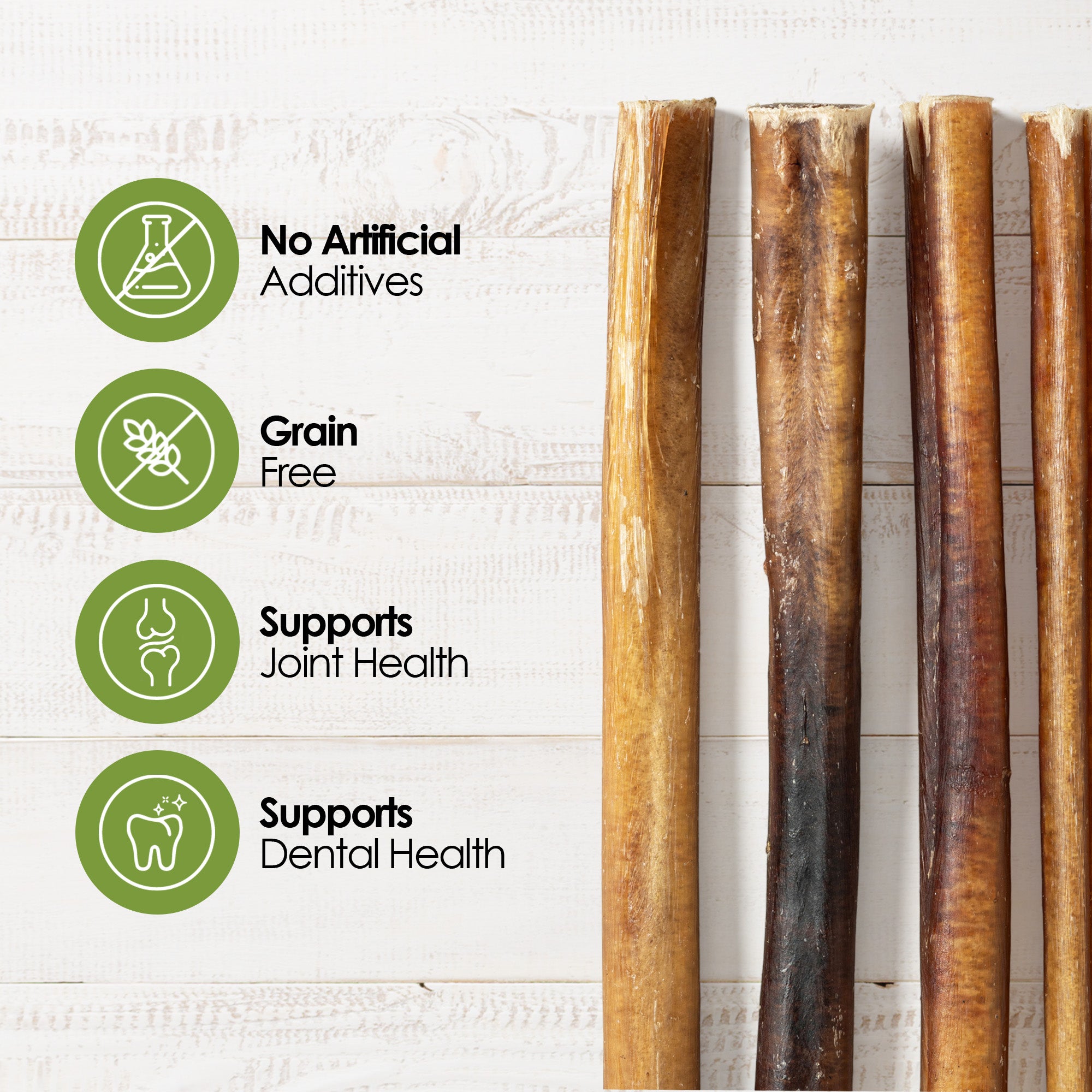 Dog chew sticks with health benefits text on a white background