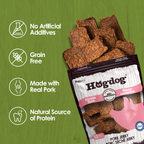 Hogdog pork jerky packaging with health benefits on a green background