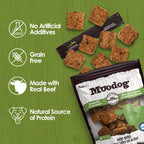 Moodog beef treats packaging with green background and text highlighting attributes.