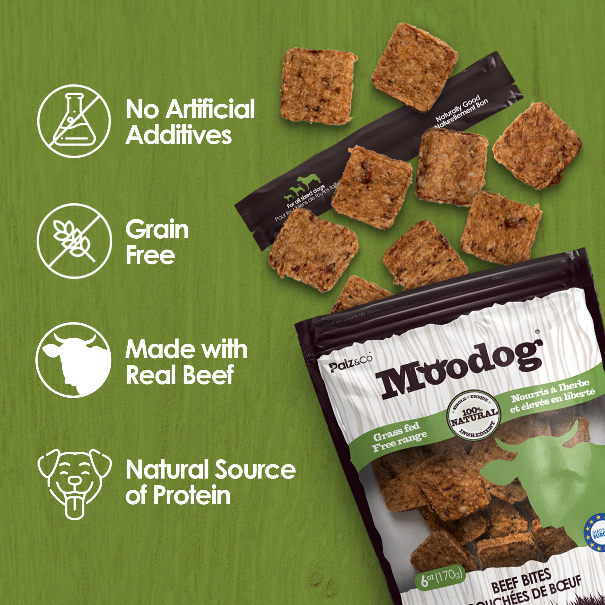 Moodog beef treats packaging with green background and text highlighting attributes.
