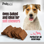 Dog treats with a dog in the background and text about oven-baked treats for soft chewers.