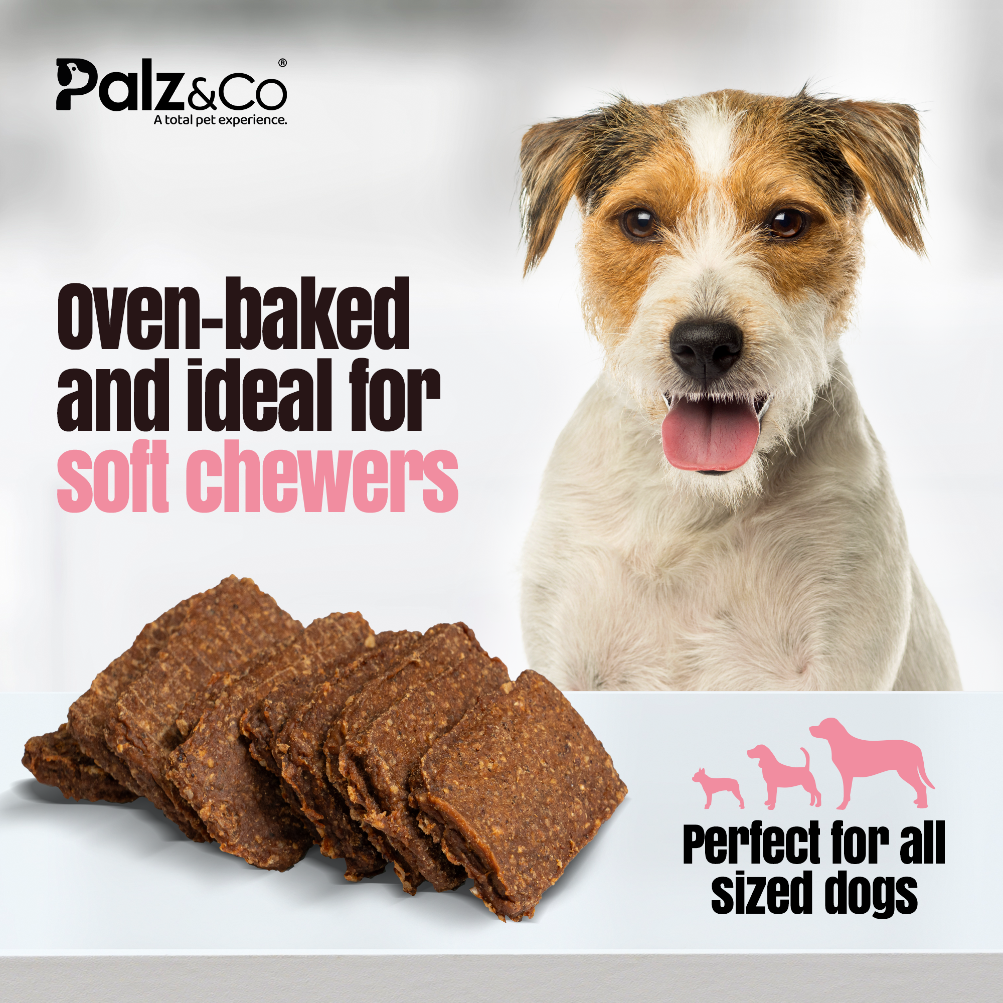 Dog treats with a dog in the background and text about oven-baked treats for soft chewers.
