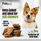 Dog treats with a dog and promotional text about the product on a white background
