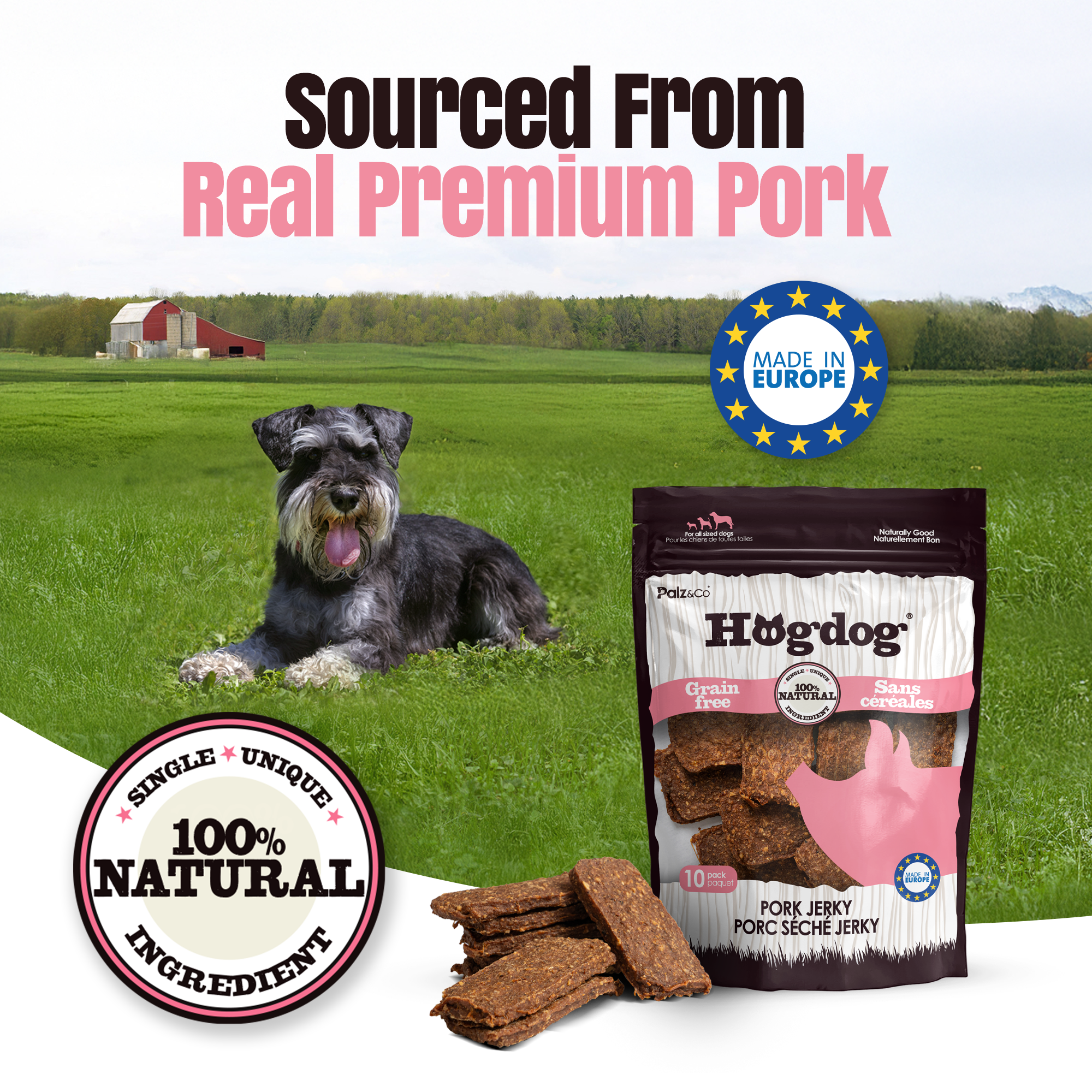 Hogdog pork jerky package with a dog and scenic background