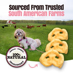 Dog on a leash in a field with cowbells, dog treats, and text about trusted South American farms and natural ingredients.