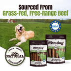Dog food packages with a dog in a field, grass-fed and free-range beef text, and Moodog branding.