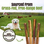 Dog treats with a background of a grassy field and cows, emphasizing natural ingredients.