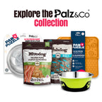 Palz & Co pet products including bags, a bowl, and puzzle toys on a white background with brand text.