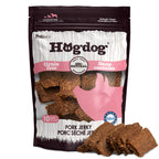 Hogdog pork jerky package with visible jerky pieces on a white background