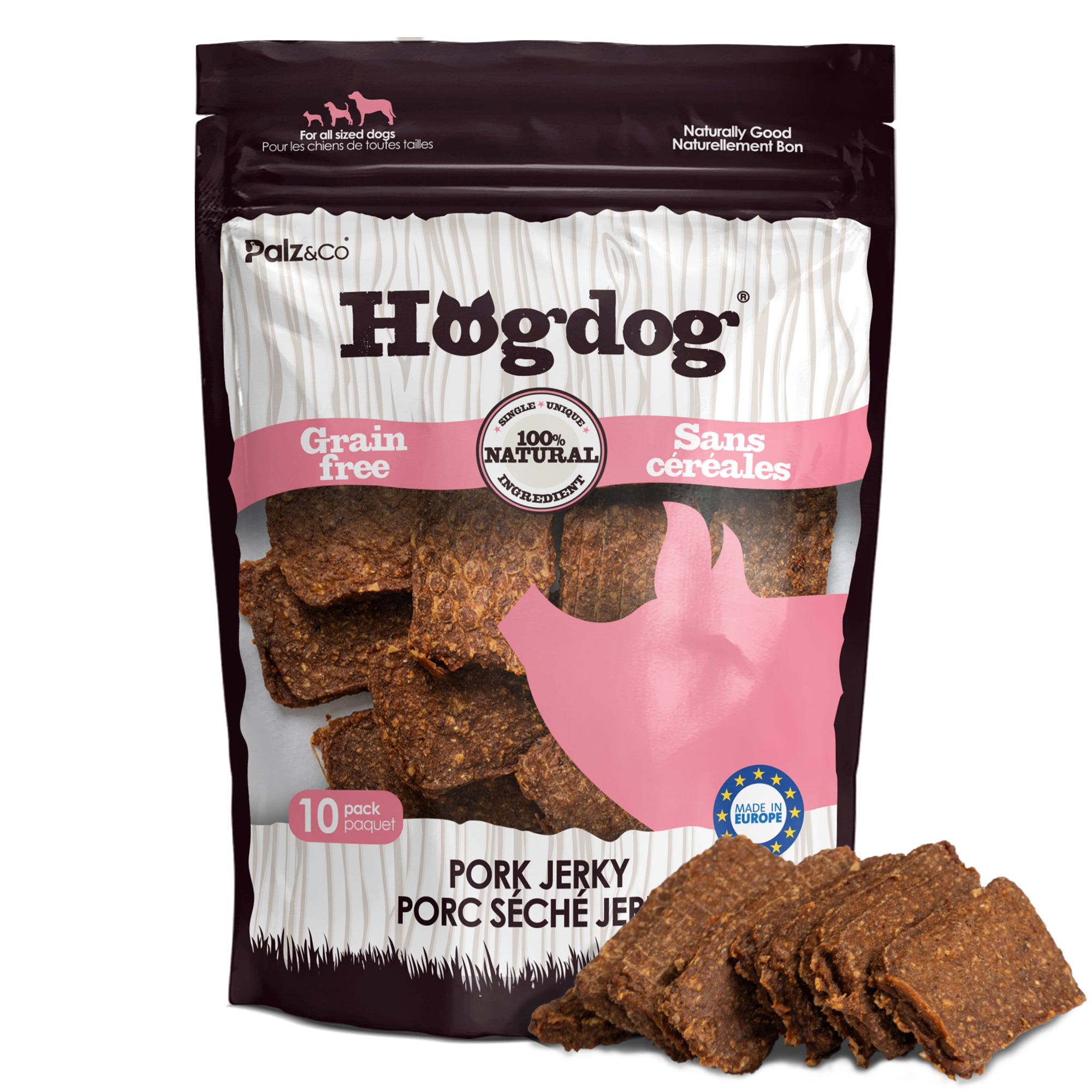 Hogdog pork jerky package with visible jerky pieces on a white background