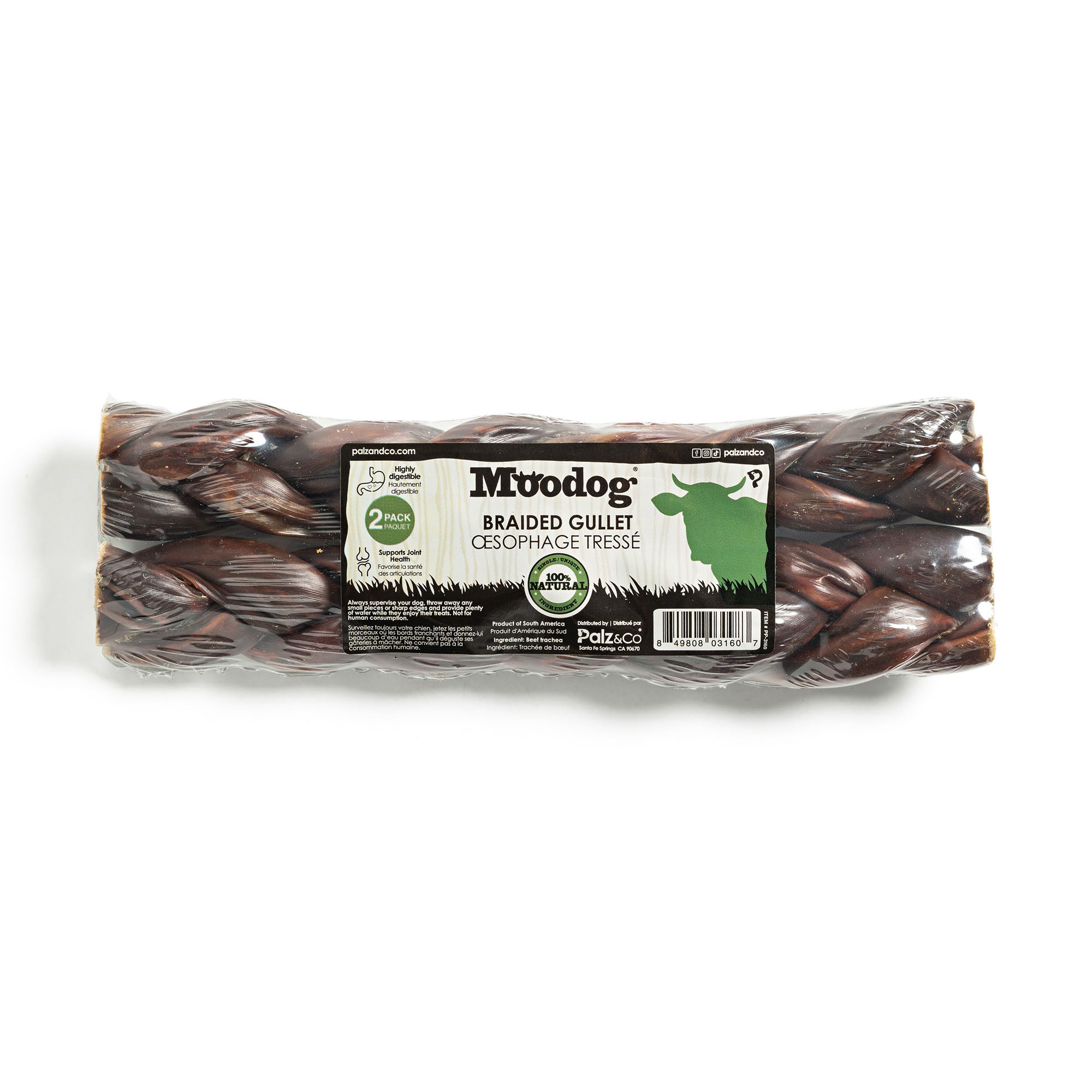 Front view of Moodog Beef Braided Gullet packaging, 8-inch, 2 Pack Retail.