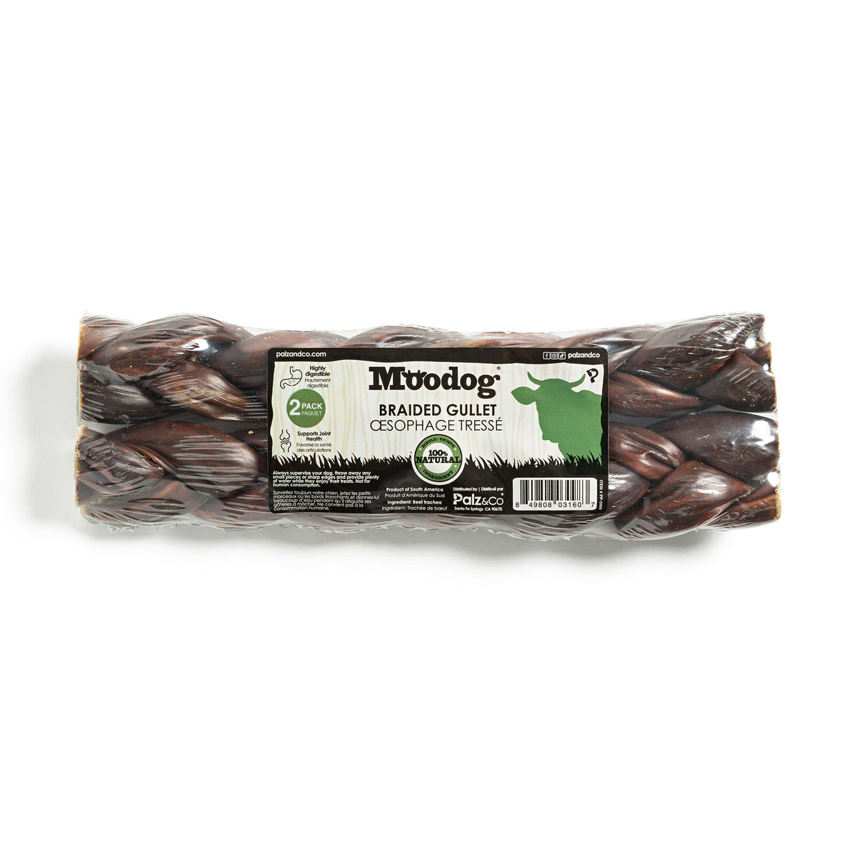 Front view of Moodog Beef Braided Gullet packaging, 8-inch, 2 Pack Retail.