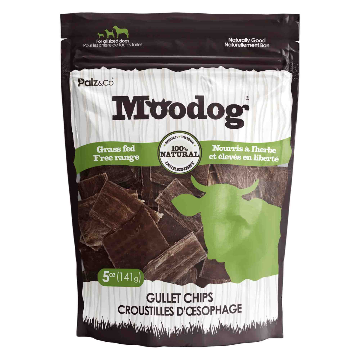 Front view of Moodog Beef Gullet Chips, 5oz Retail