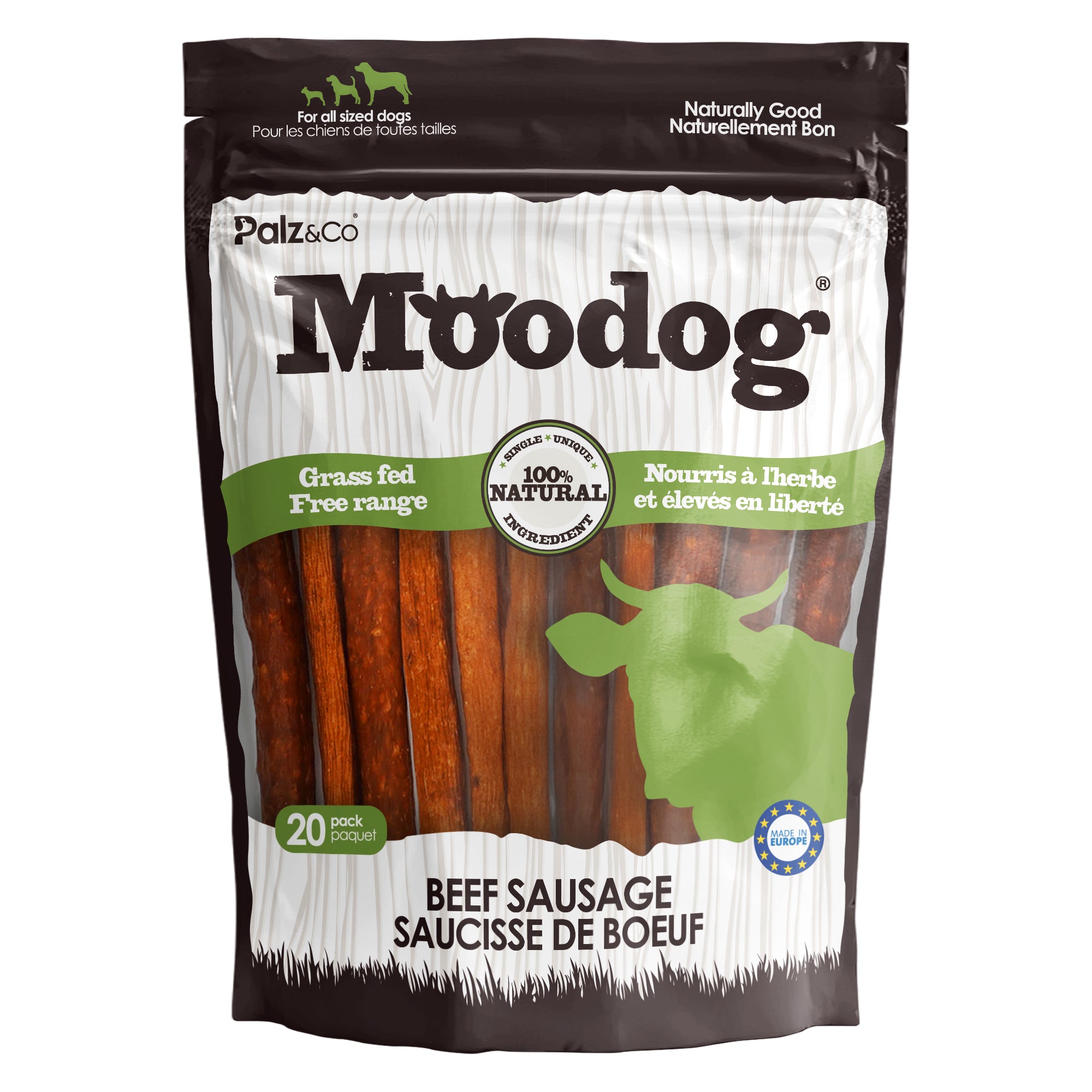 Front view of Moodog Beef Sausages, 20 Pack Retail