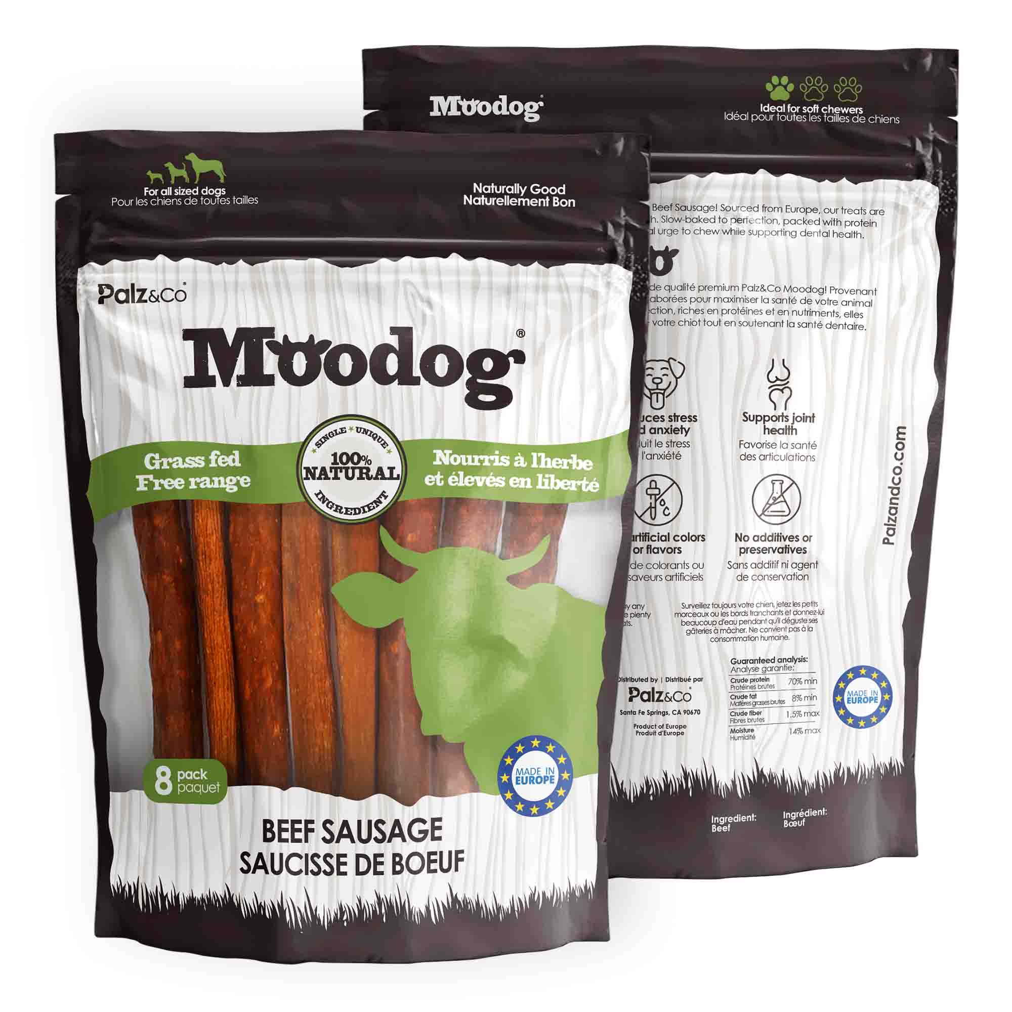 Alternate front view of Moodog Beef Sausages, 8 Pack Retail