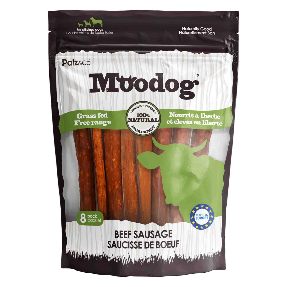 Front view of Moodog Beef Sausages, 8 Pack Retail