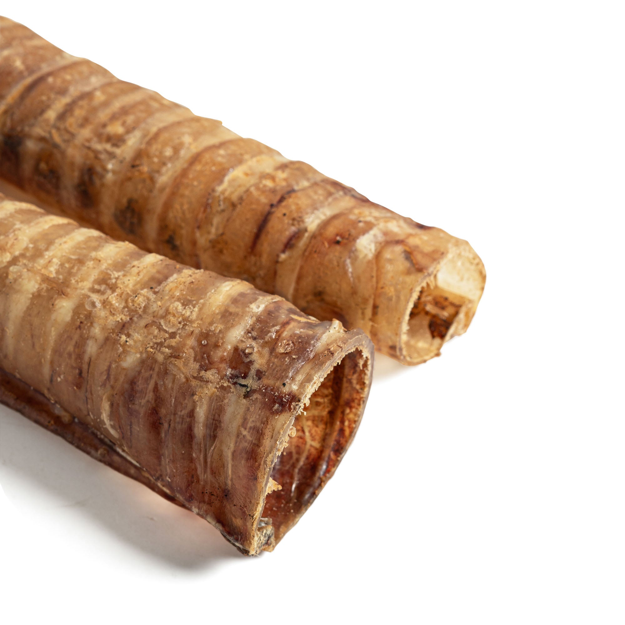 Second alternate closeup view of Moodog Beef Trachea Tubes packaging detail, 2 Pack Retail.