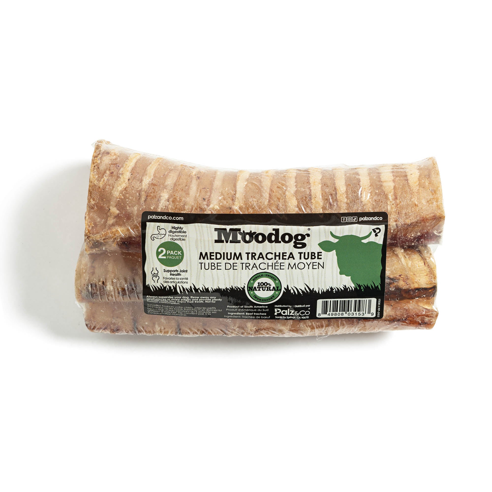 Front view of Moodog Beef Trachea Tubes packaging, 2 Pack Retail