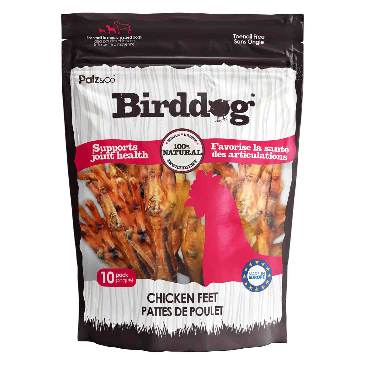 Front view of Palz & Co BirdDog Chicken Feet Chews, 10 Pack Retail