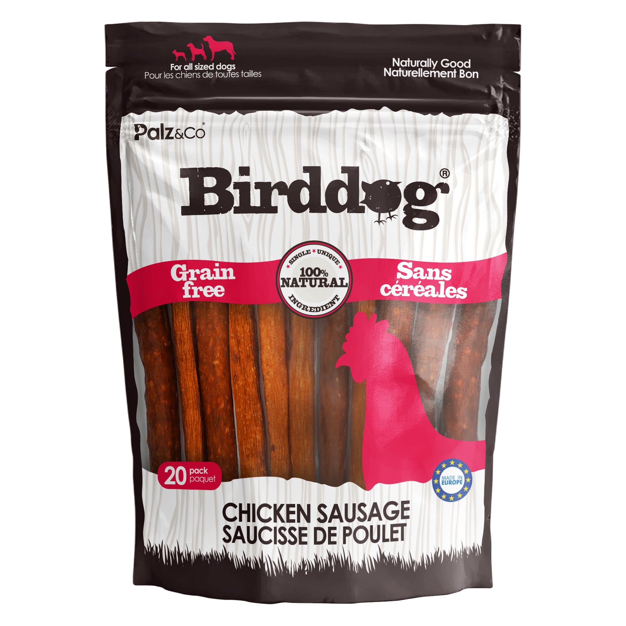 Front view of Palz & Co BirdDog Chicken Sausage Treats, 20 Pack Retail