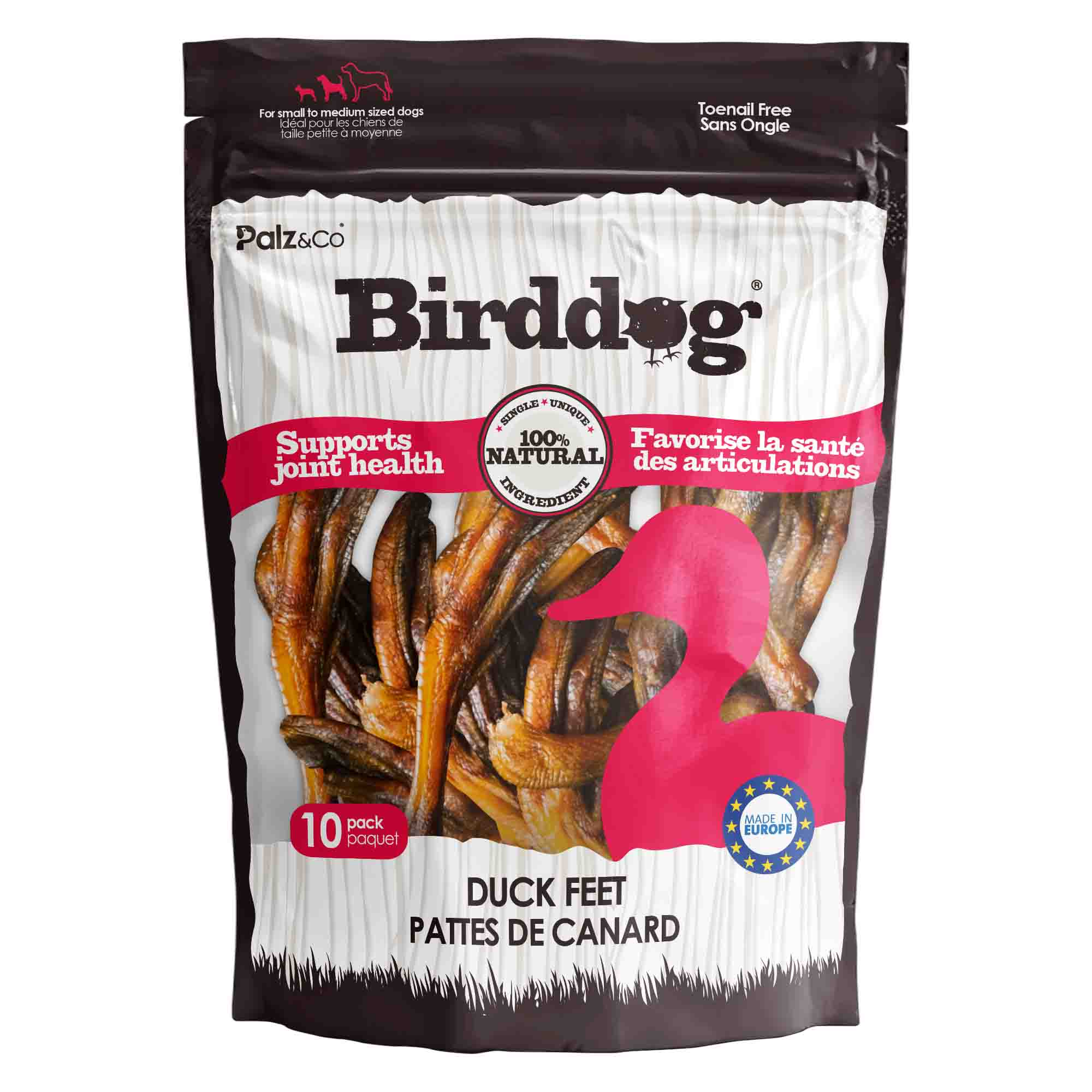 Front view of Palz & Co BirdDog Duck Feet Chews packaging, 10 Pack Retail.