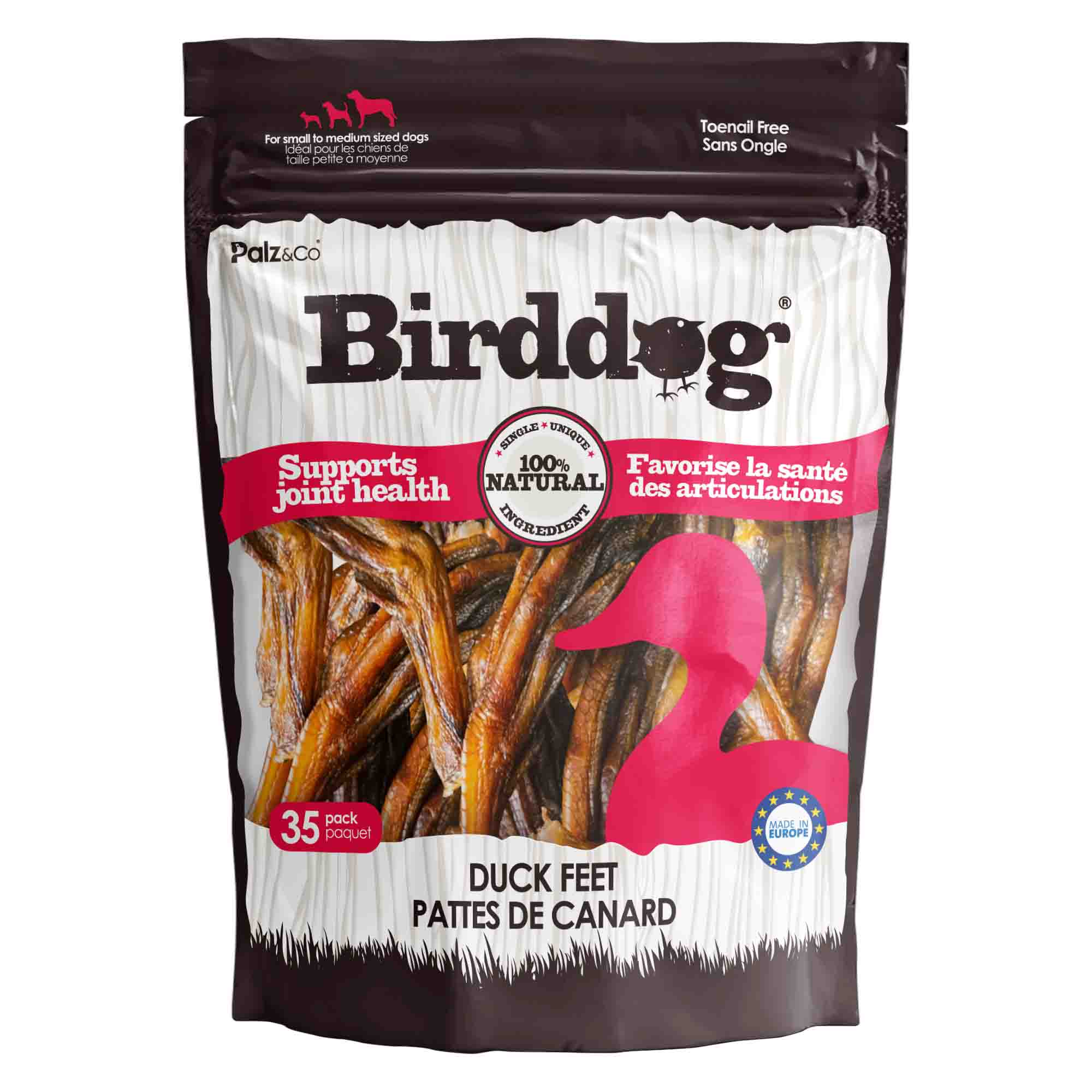 Front view of Palz & Co BirdDog Duck Feet Chews packaging, 35 Pack Retail.