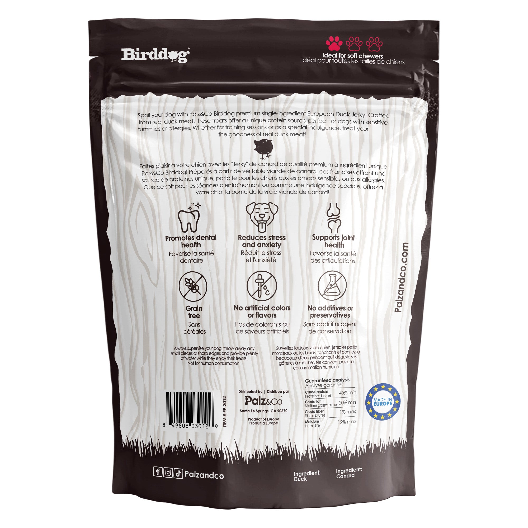 Back view of Palz & Co BirdDog Duck Jerky packaging, 35 Pack Retail.