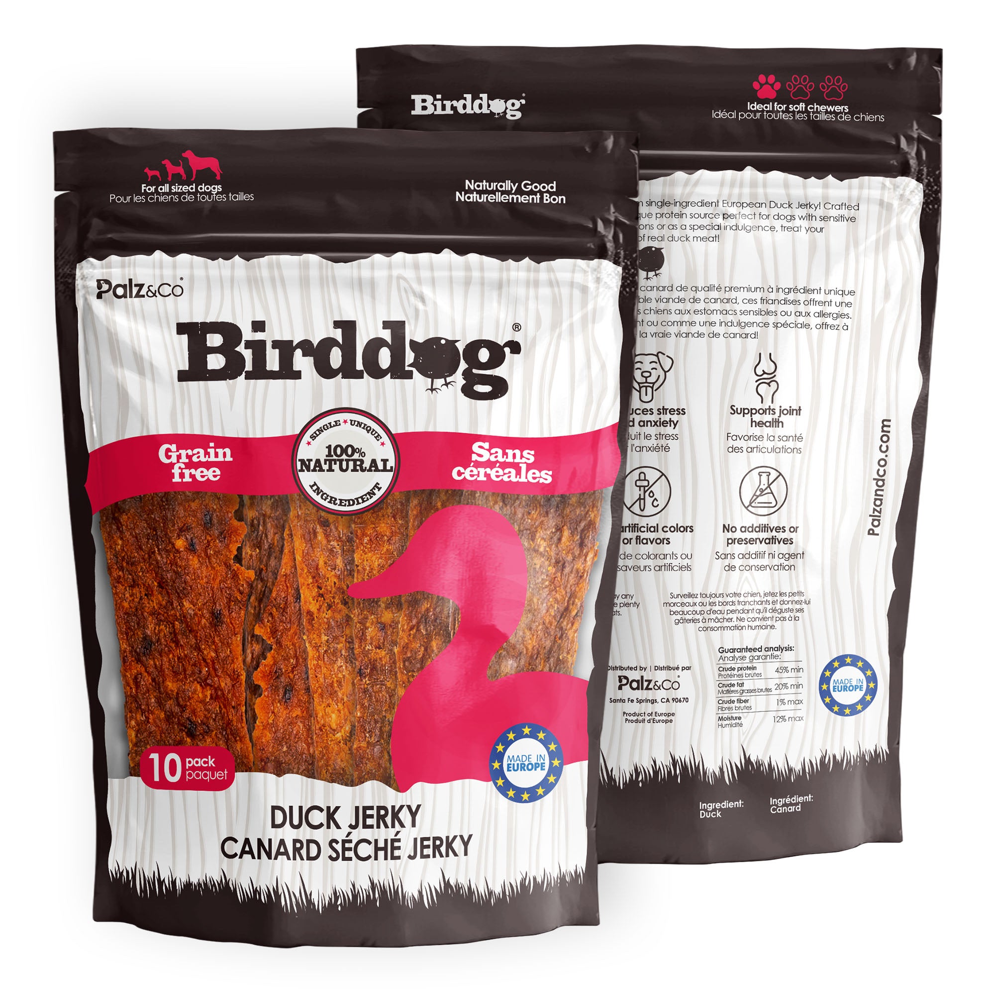 Alternate front view of Palz & Co BirdDog Duck Jerky packaging, 35 Pack Retail.