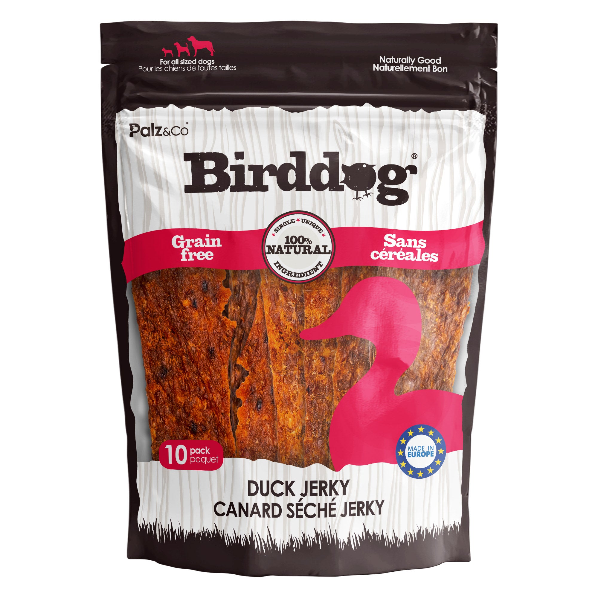 Front view of Palz & Co BirdDog Duck Jerky packaging, 35 Pack Retail.