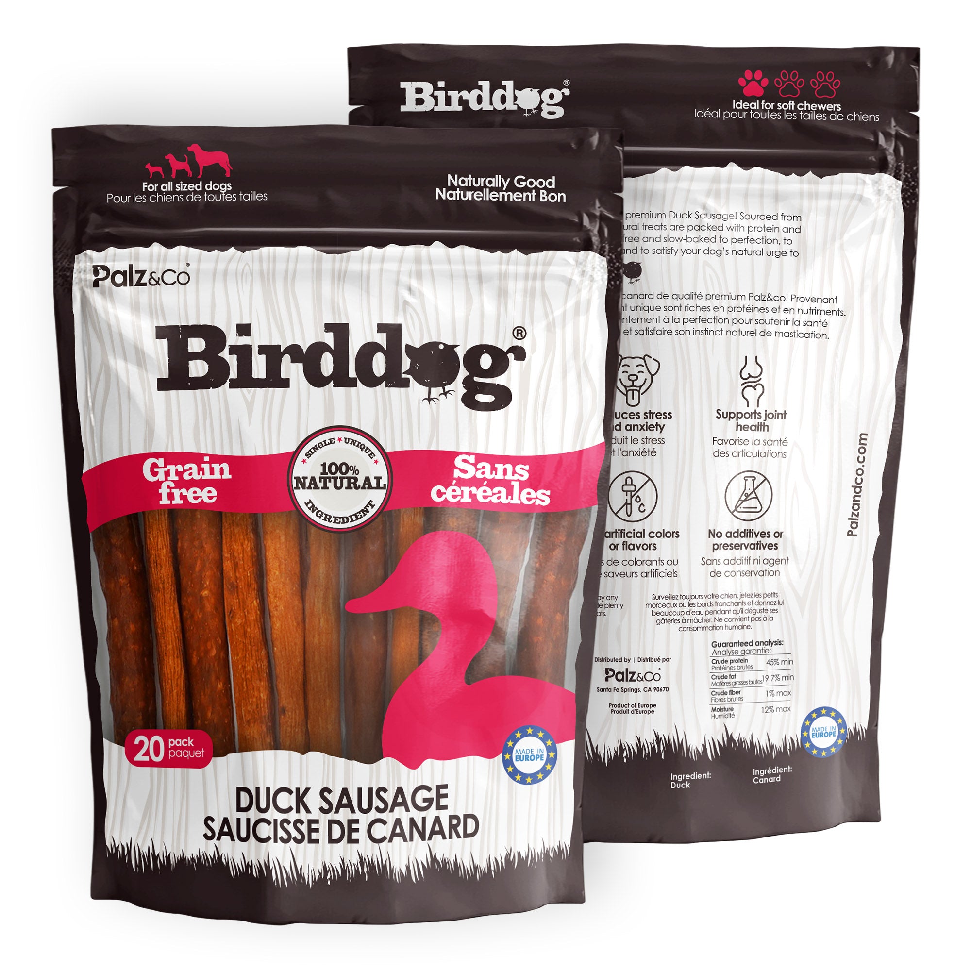 Alternate front view of Palz & Co BirdDog Duck Sausage Treats packaging, 20 Pack Retail.