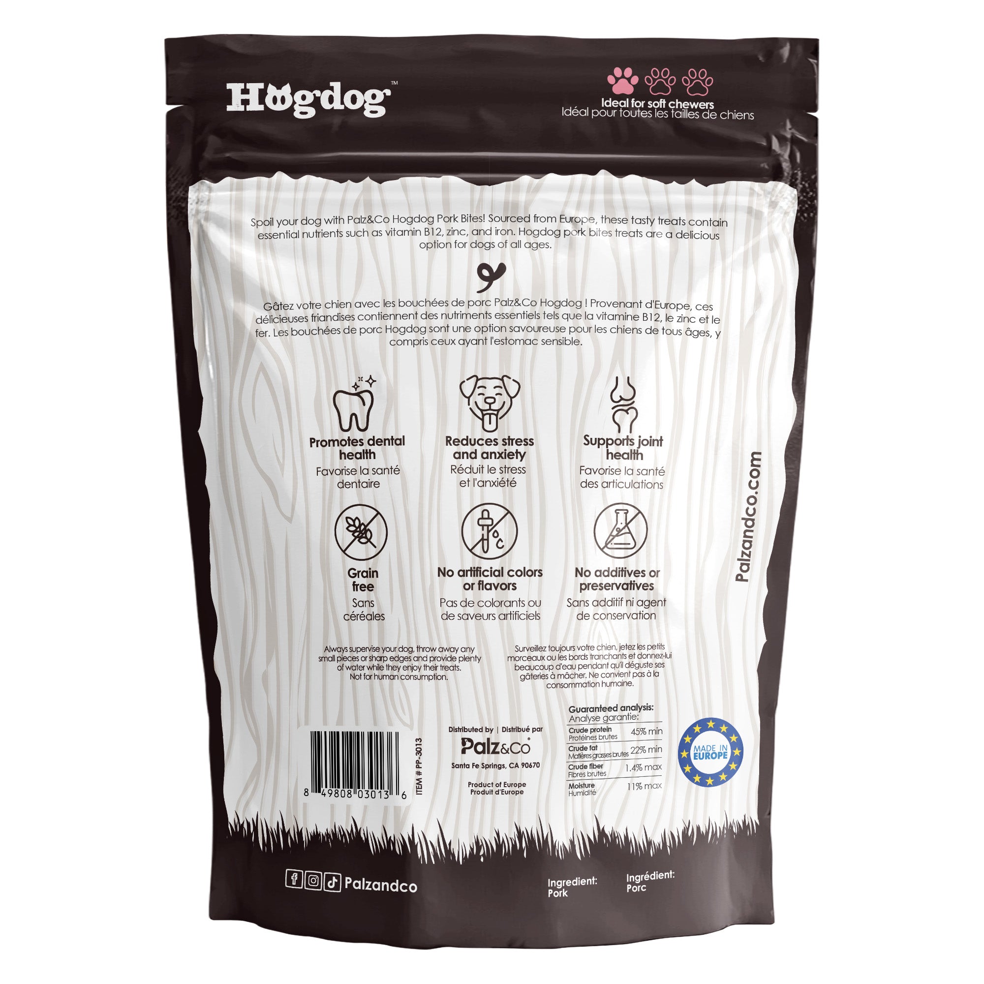 Back view of Palz & Co HogDog Pork Bites, 6oz Retail