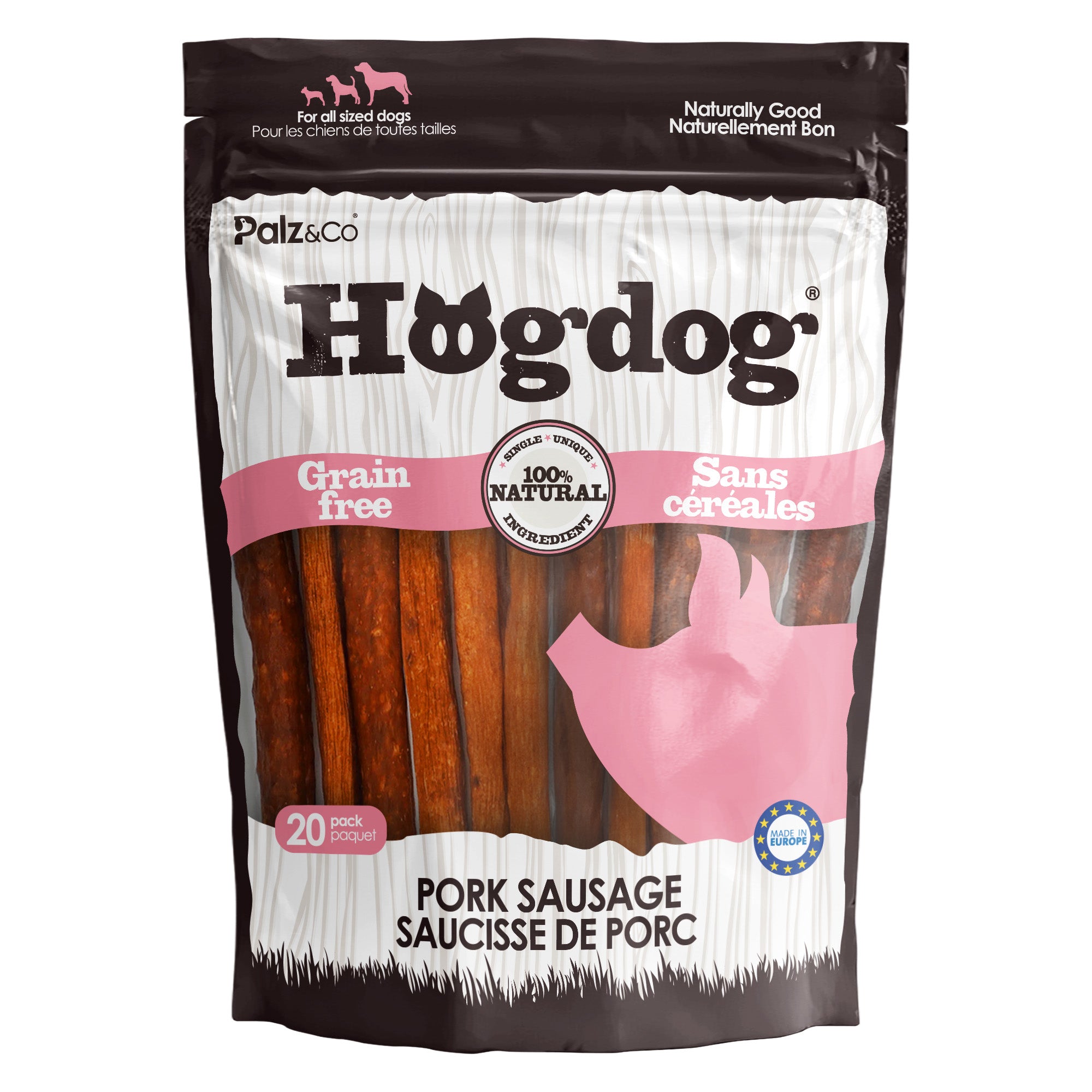 Front view of Palz & Co HogDog Pork Sausage, 20-pack Retail