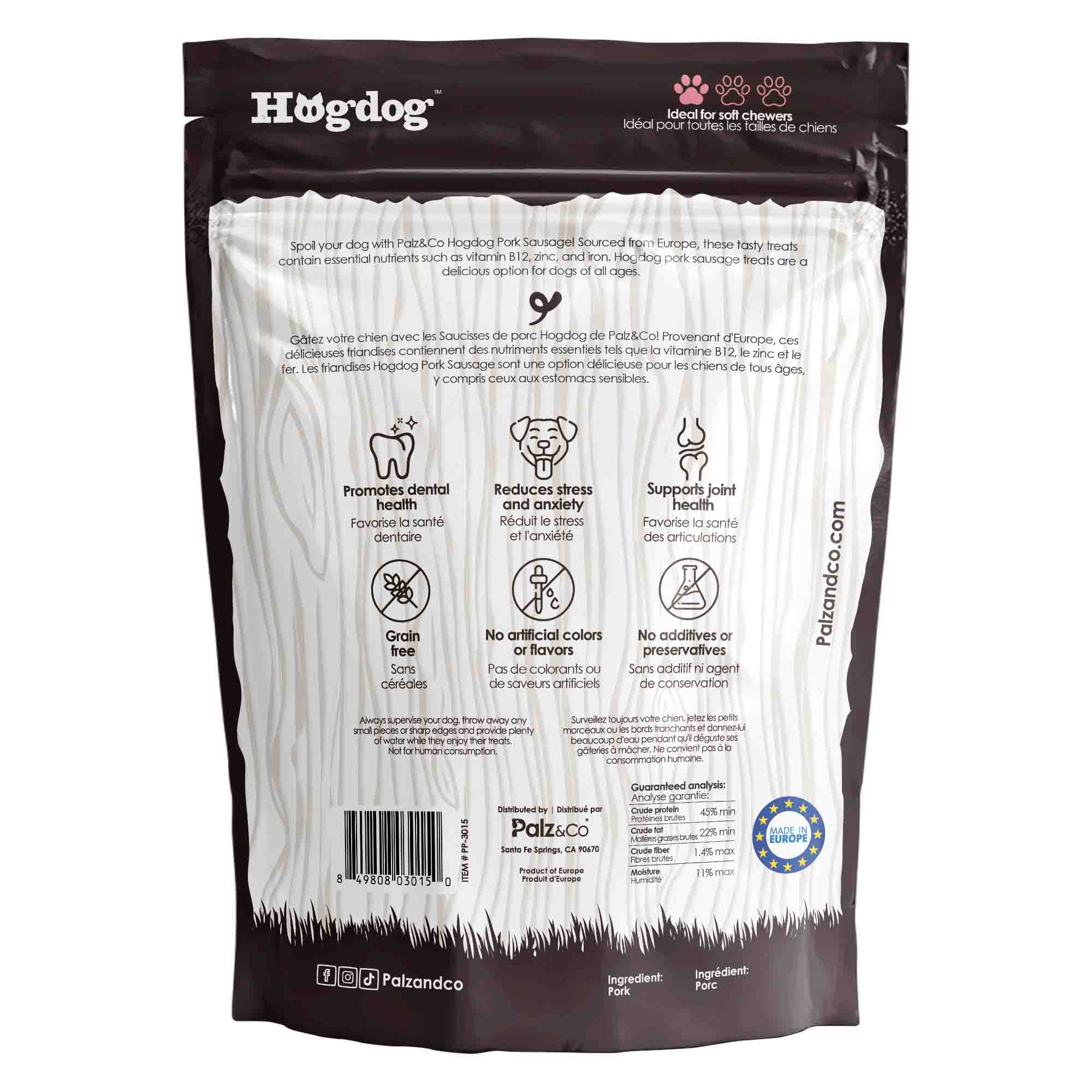 Back view of Palz & Co HogDog Pork Sausage, 8-pack Retail