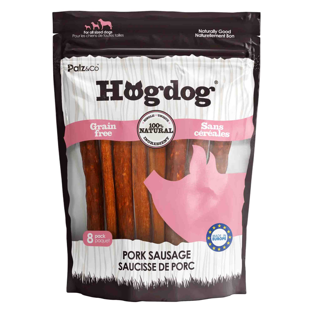 Front view of Palz & Co HogDog Pork Sausage, 8-pack Retail