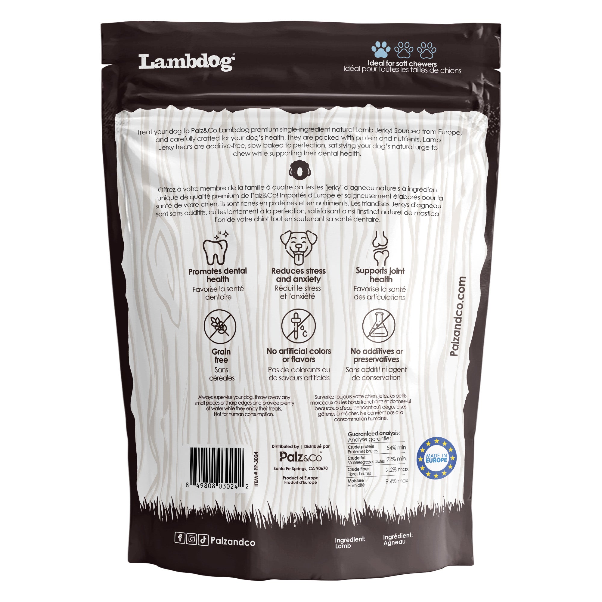 Back view of Palz & Co LamDog Lamb Jerky Chew Treats, 10-pack Retail