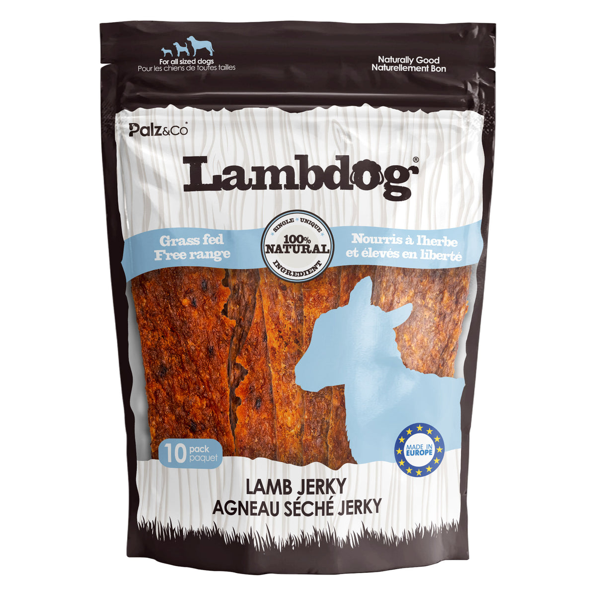 Front view of Palz & Co LamDog Lamb Jerky Chew Treats, 10-pack Retail