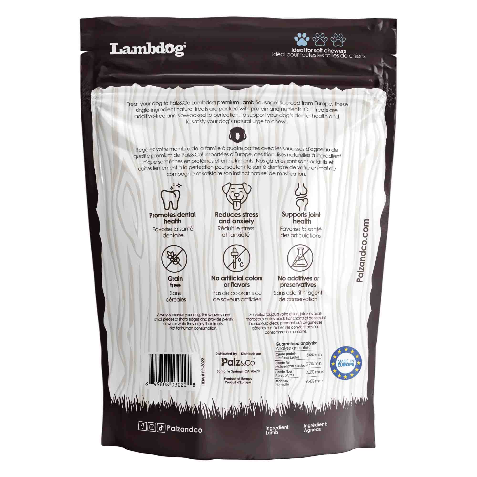 Back view of Palz & Co LamDog Lamb Sausage Treats, 8-pack Retail