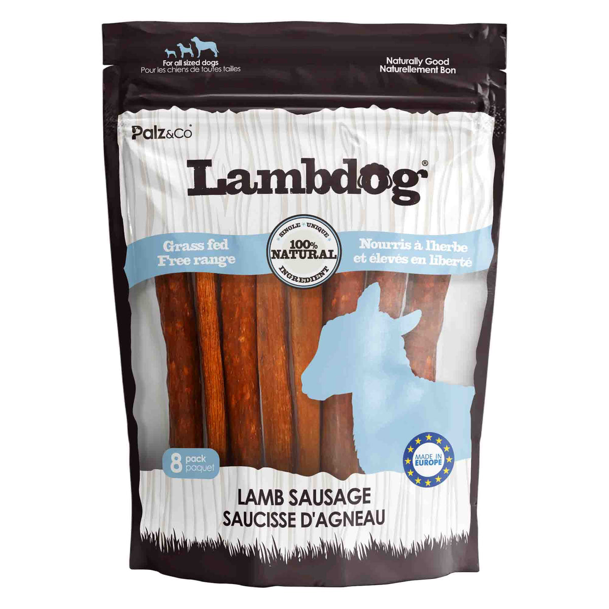 Front view of Palz & Co LamDog Lamb Sausage Treats, 8-pack Retail