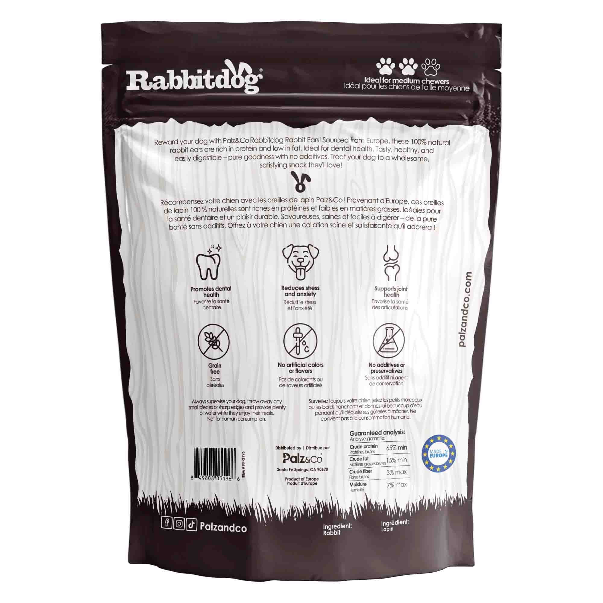 Back view of Palz & Co RabbitDog Rabbit Ear Chew Treats (No Fur), 15-pack Retail