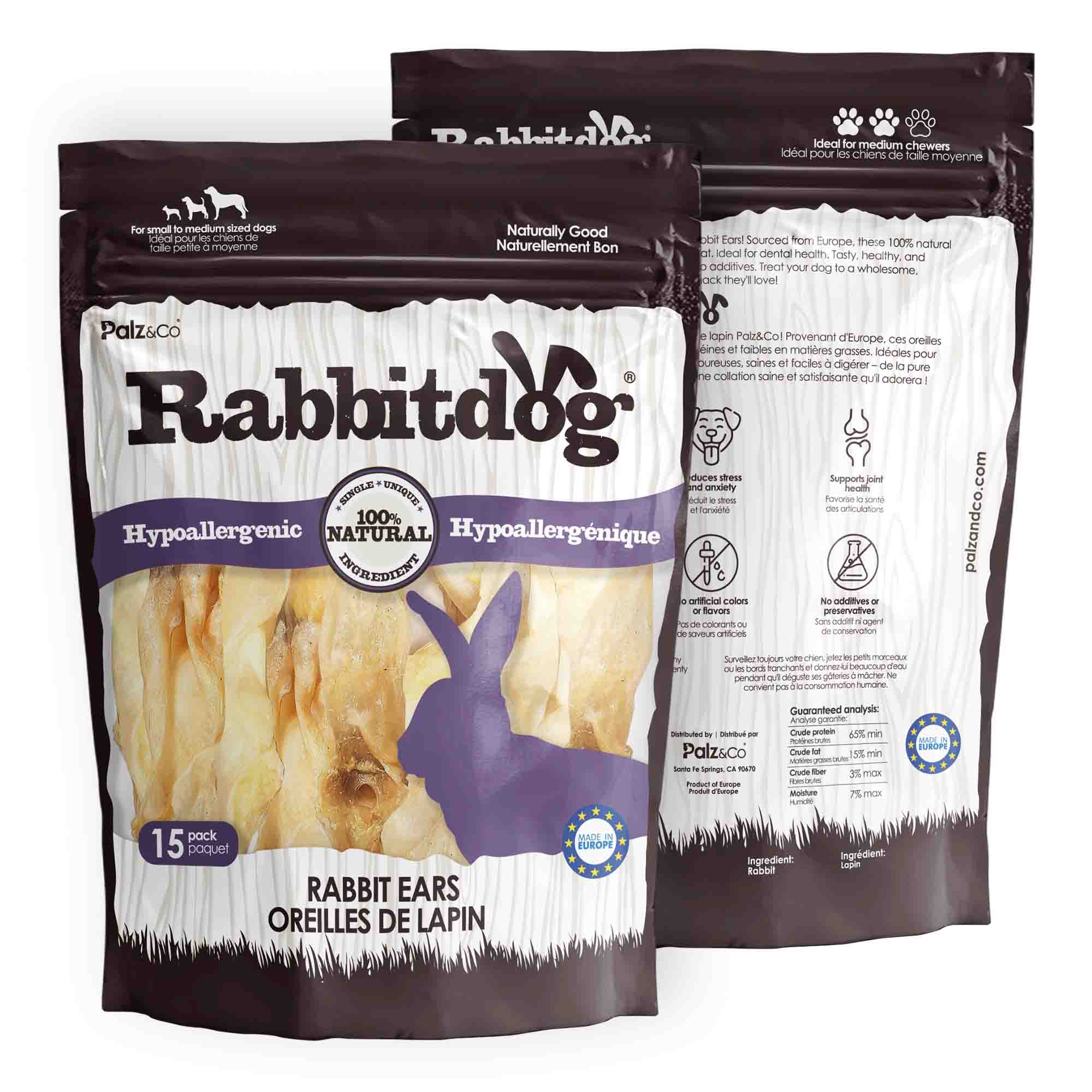 Alternate front view of Palz & Co RabbitDog Rabbit Ear Chew Treats (No Fur), 15-pack Retail