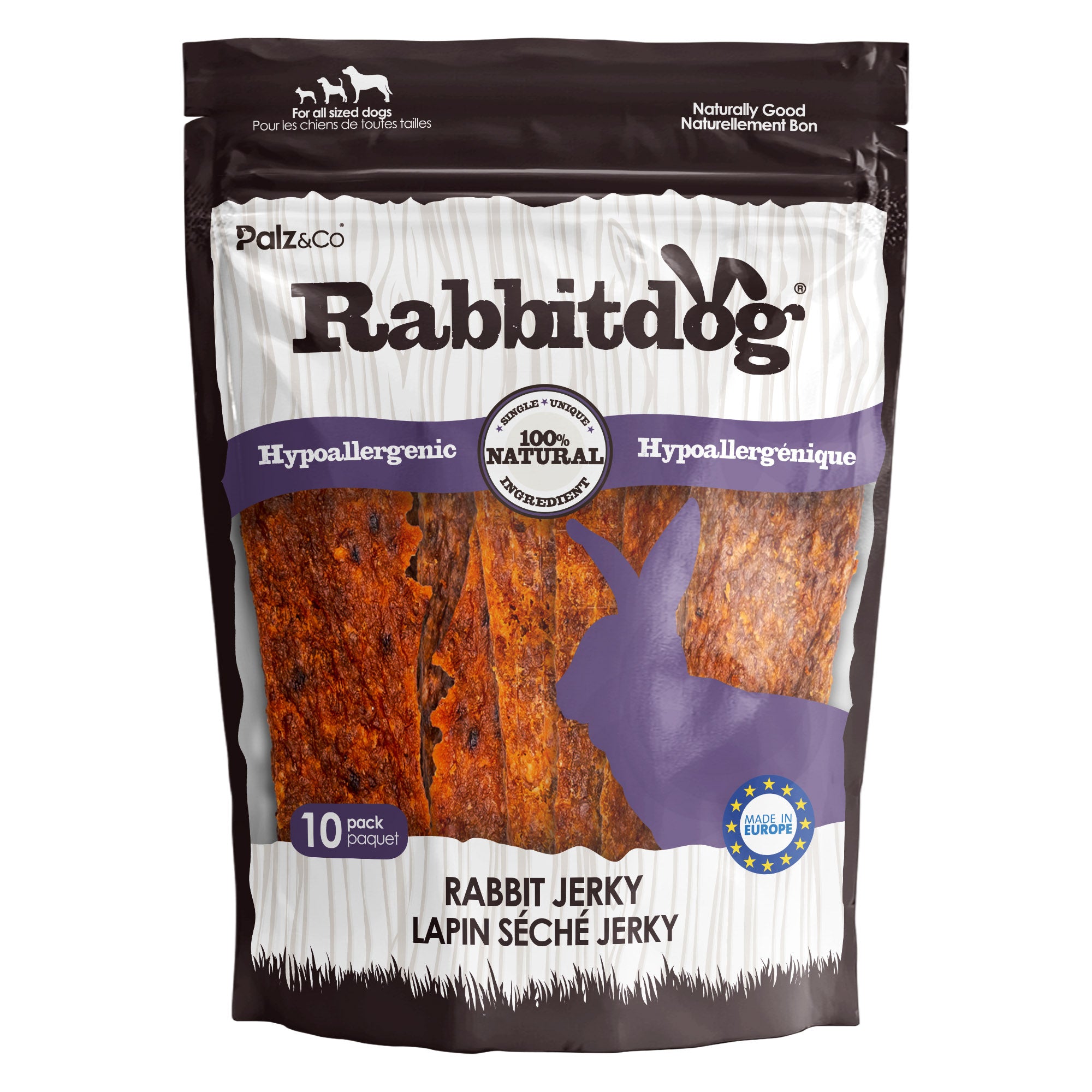 Front view of Palz & Co RabbitDog Rabbit Jerky Chew Treats, 10-pack Retail