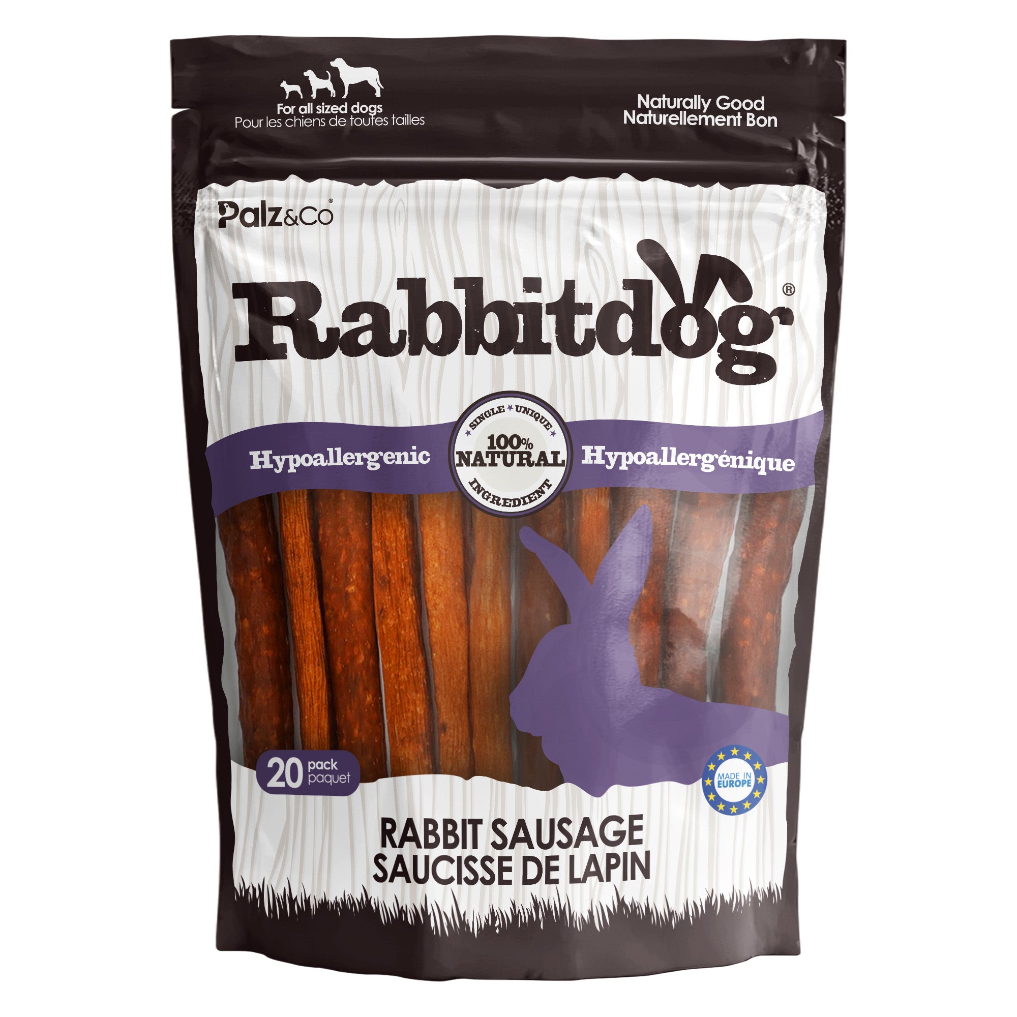 Front view of Palz & Co RabbitDog Rabbit Sausage, 20-pack Retail